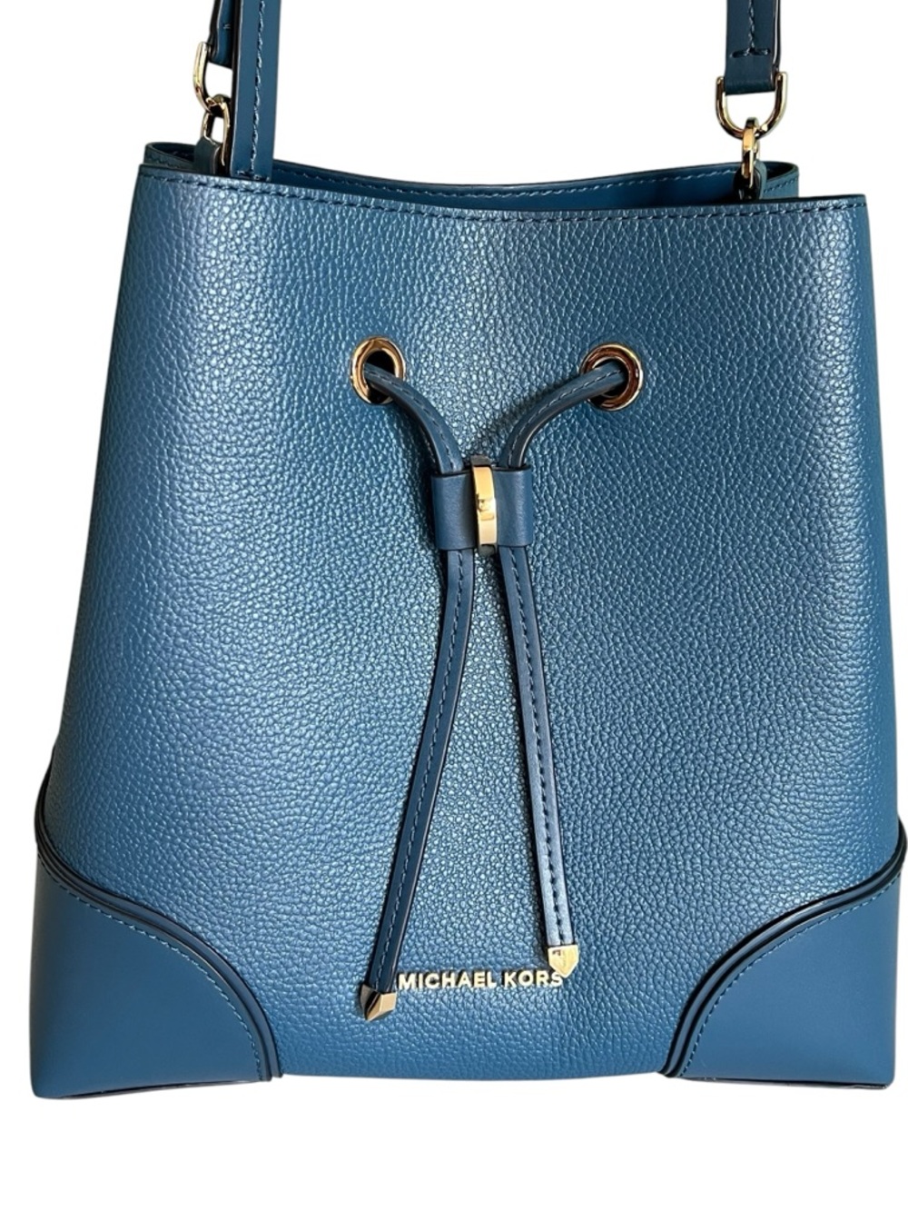 Michael Kors Teal Blue Leather Drawstring Crossbody Bag